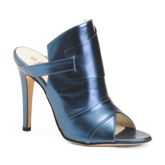 NEW CHRIS DONOVAN Made In Italy Leather Pegasi Heeled Mules in  lazuli 1225 18t9 - Picture 2 of 10